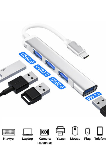 USB Çoklayıcı - Type C - 4 Port | Klavye Mouse Uyumlu | USB Hub