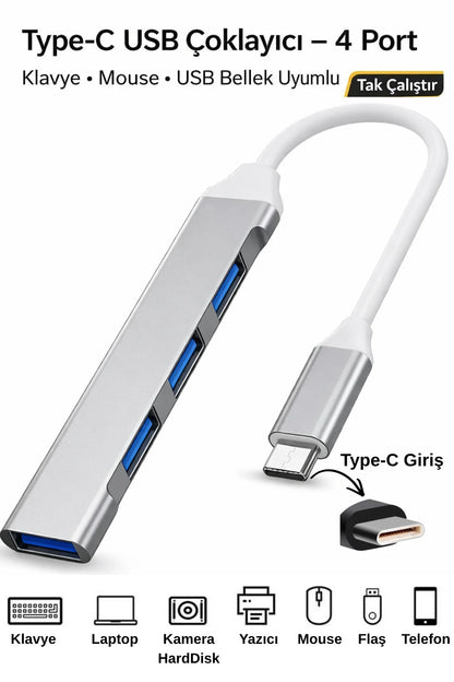 USB Çoklayıcı - Type C - 4 Port | Klavye Mouse Uyumlu | USB Hub