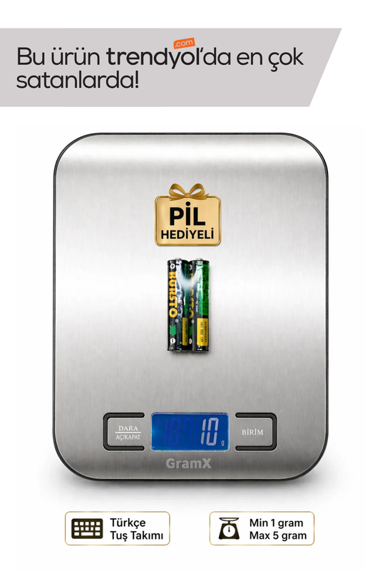 Hassas Terazi - Dijital Mutfak Tartısı - Paslanmaz Çelik - 5Kg 1Gr - Pil Hediyeli